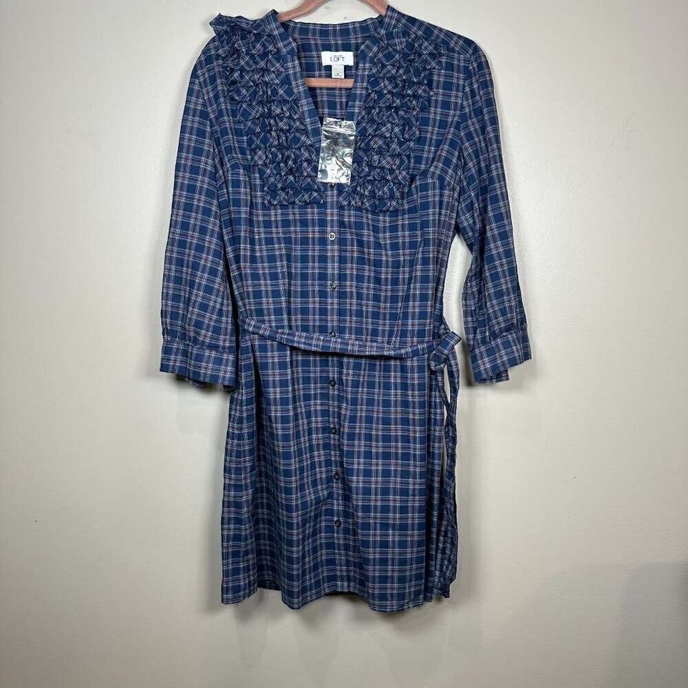 Loft Shirtdress Blue Plaid 3/4 Sleeves Ruffle Front Career Work Size 8 NWOT